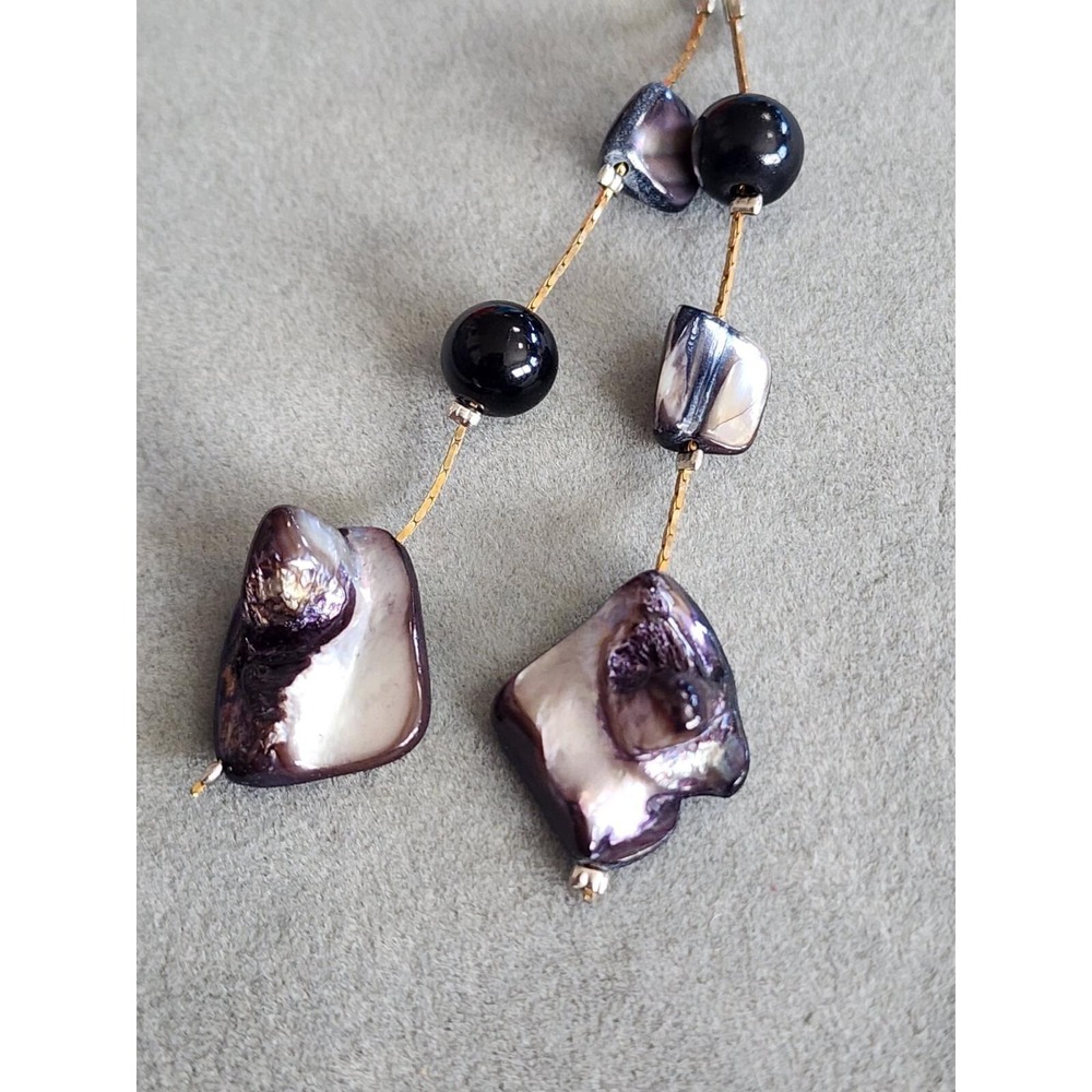 Abalone Shell Natural Chunk Dangle Earrings Mixed Metal Gold & Silver Tones - Picture 7 of 9